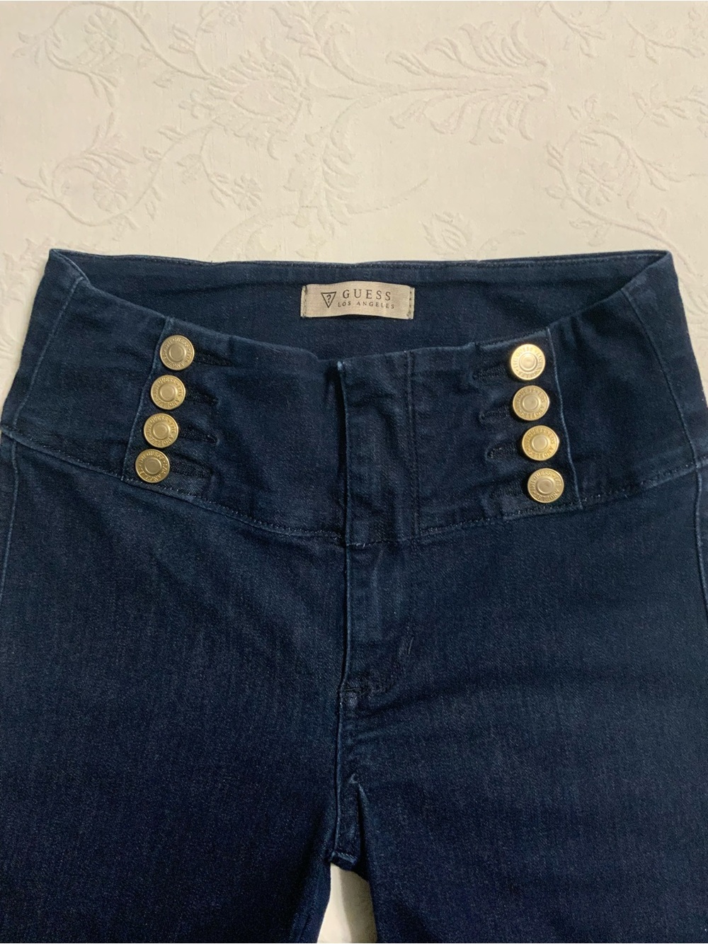 Guess Navy High-Rise SailorJeans with Gold Buttons, size 27. Retro Y2K